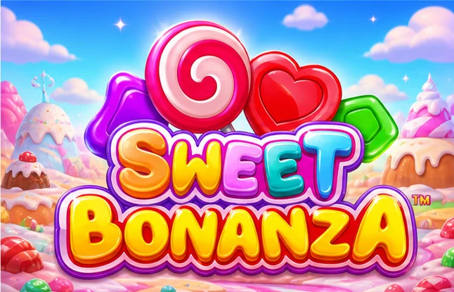 Sweet Bonanza logo ve şeker temalı oyun atmosferi